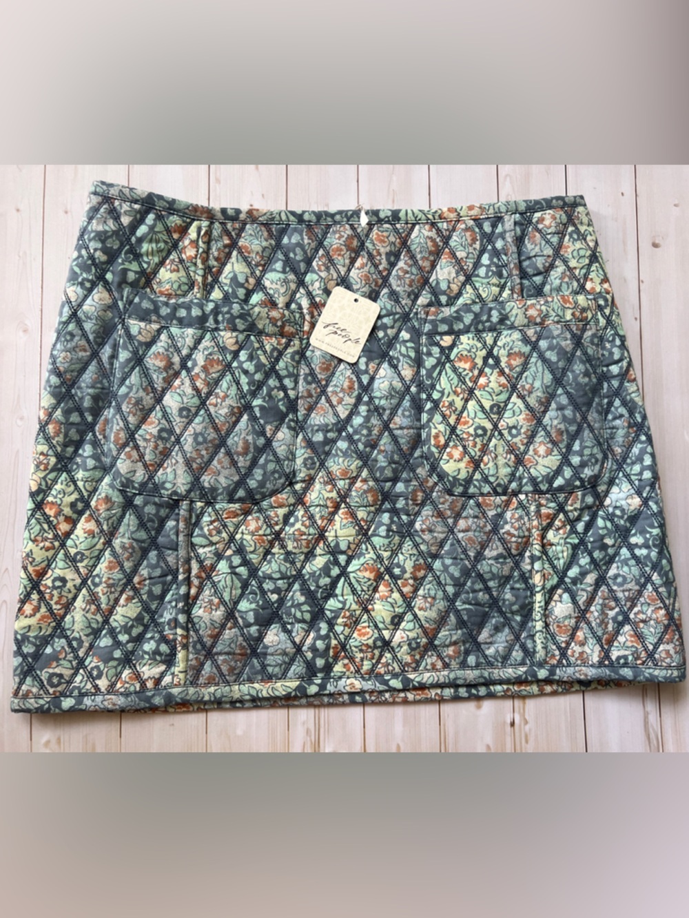 Free People Quilted Floral Mini Skirt in Green and Orange